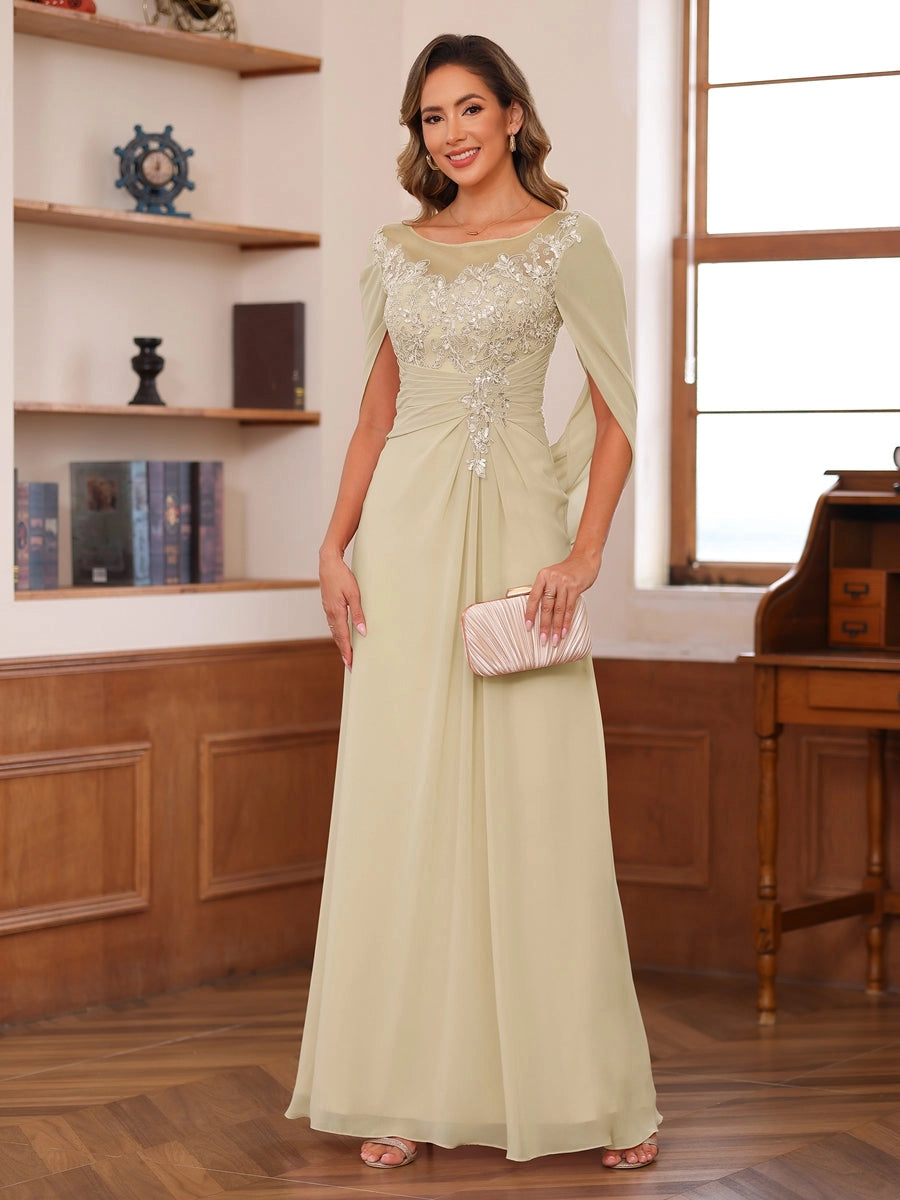Elegant Blush A-Line Illusion-Neck Cape-Sleeve Keyhole-Back Floor-Length Mother of the Bride Dress