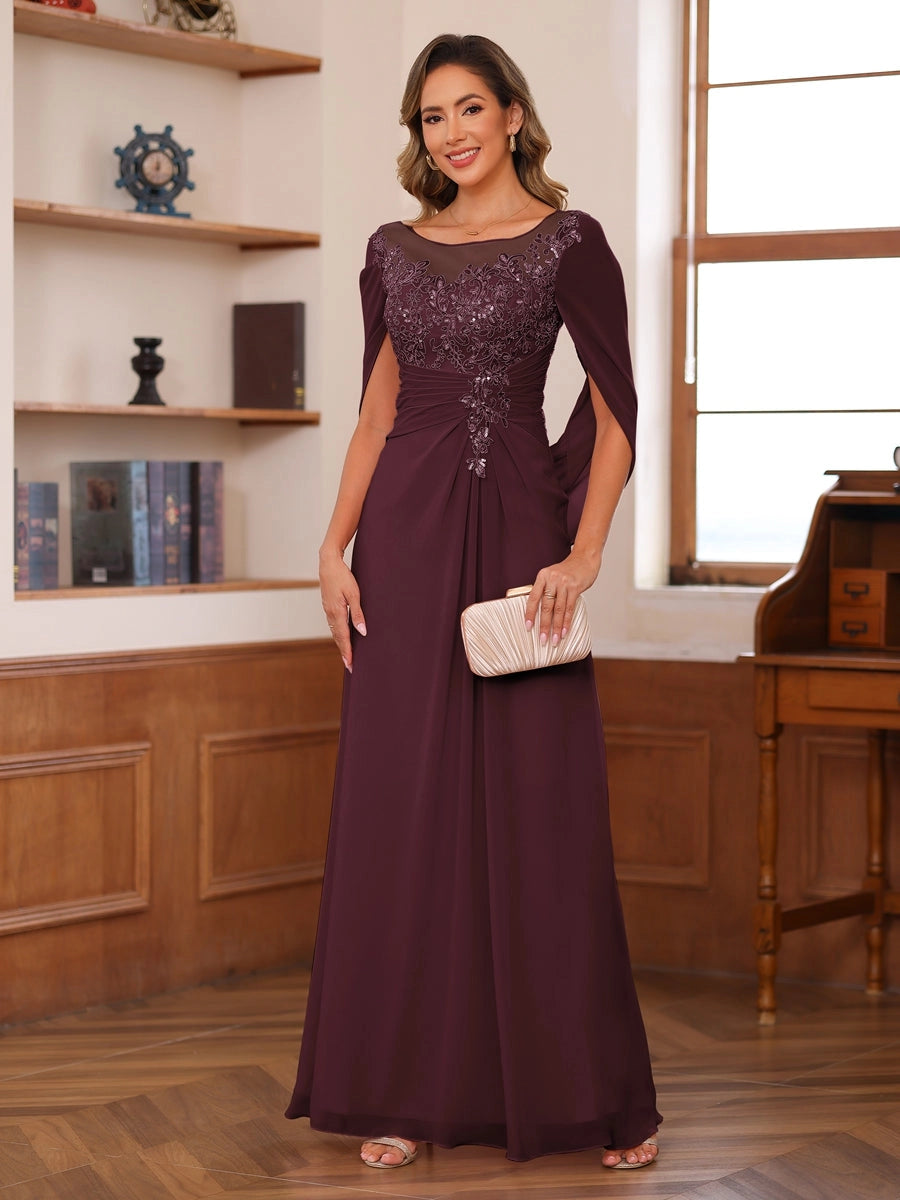 Elegant Blush A-Line Illusion-Neck Cape-Sleeve Keyhole-Back Floor-Length Mother of the Bride Dress