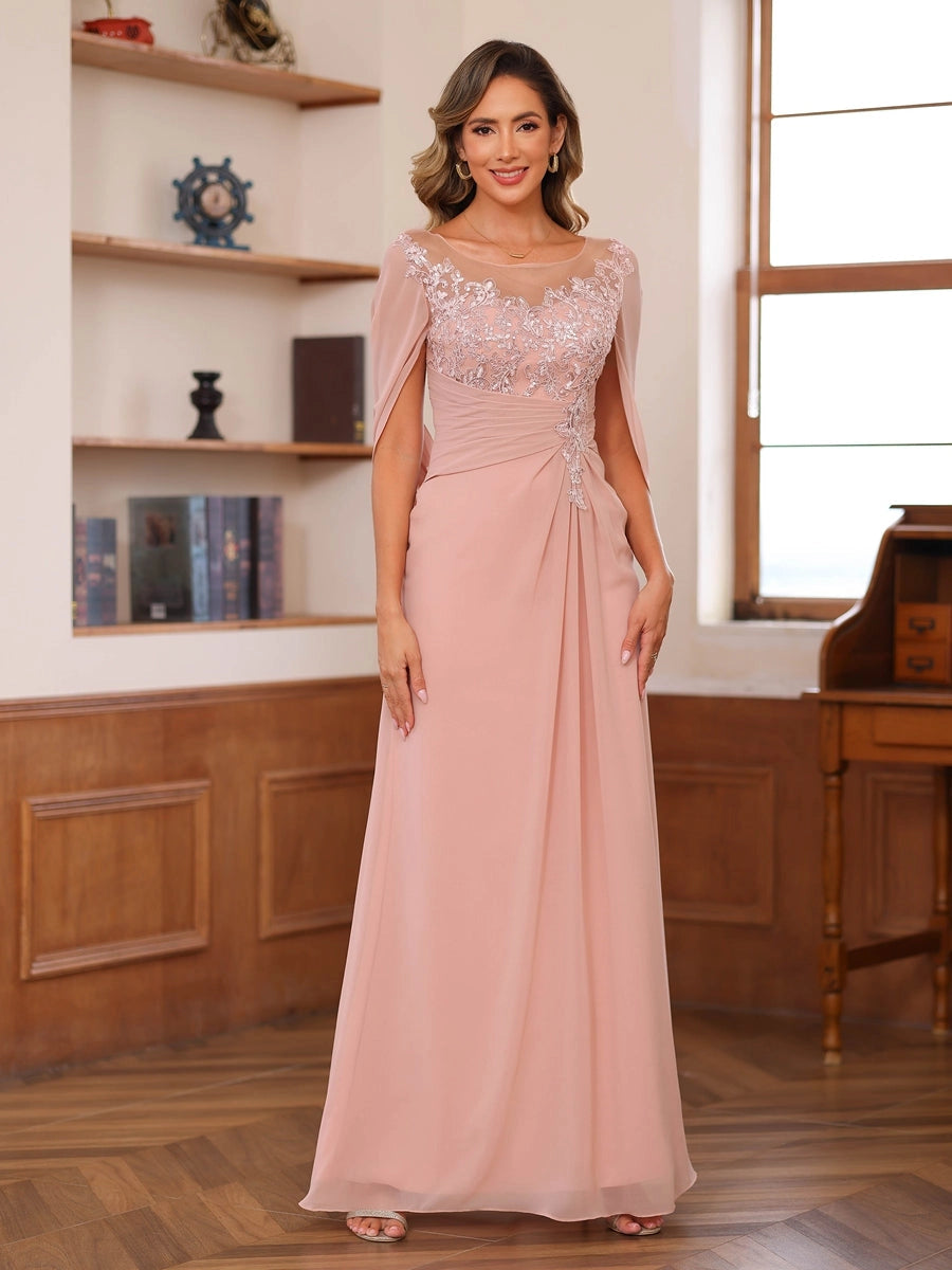 Elegant Blush A-Line Illusion-Neck Cape-Sleeve Keyhole-Back Floor-Length Mother of the Bride Dress