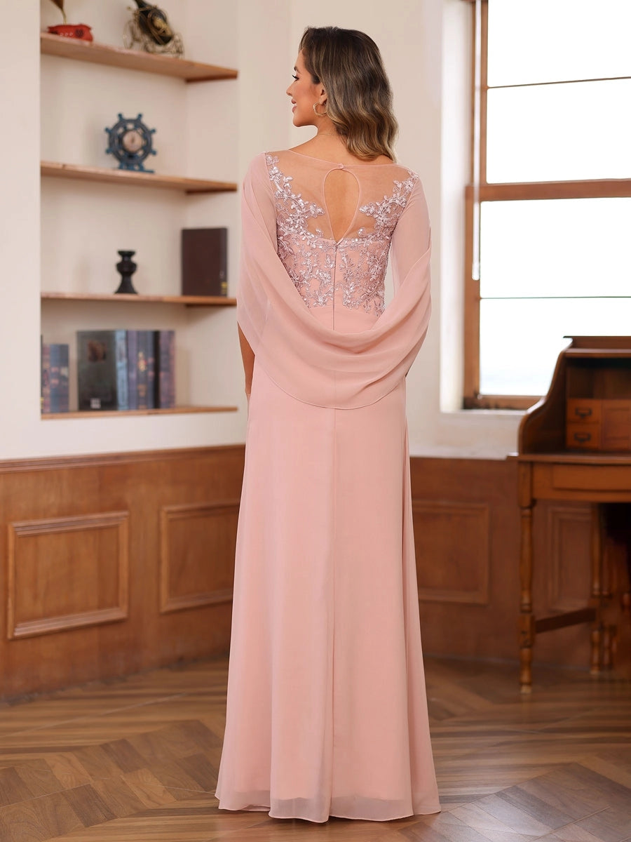 Elegant Blush A-Line Illusion-Neck Cape-Sleeve Keyhole-Back Floor-Length Mother of the Bride Dress