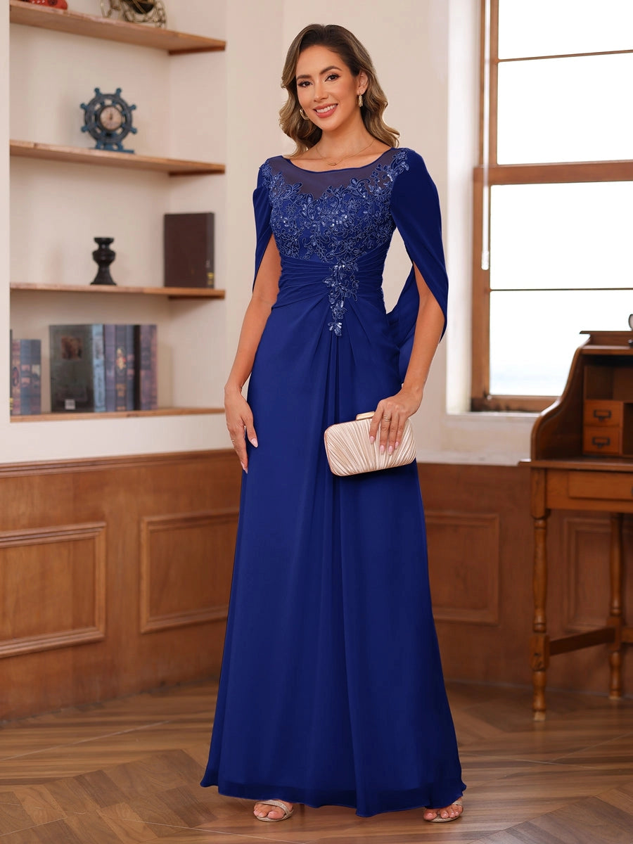 Elegant Blush A-Line Illusion-Neck Cape-Sleeve Keyhole-Back Floor-Length Mother of the Bride Dress