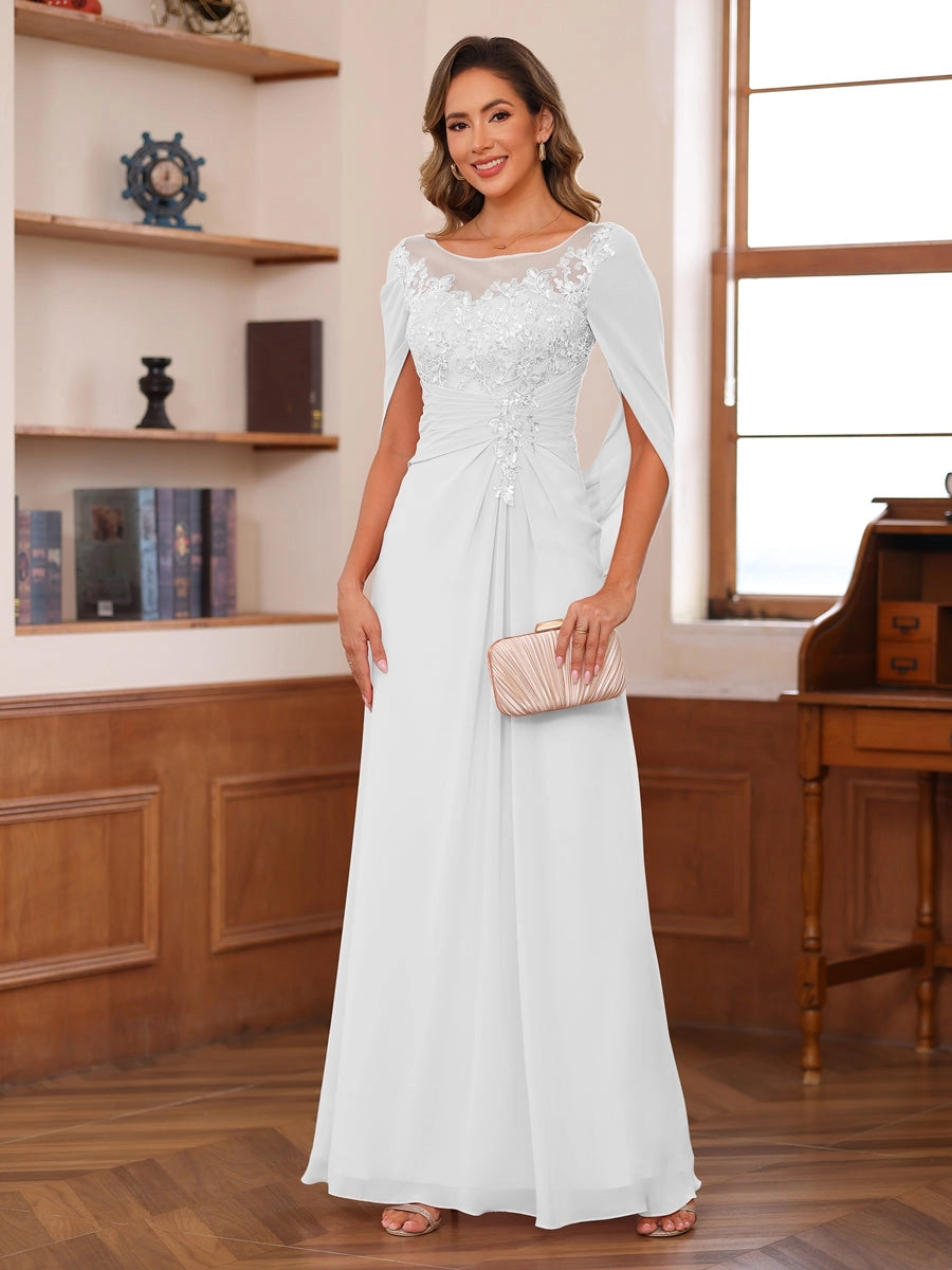Elegant Blush A-Line Illusion-Neck Cape-Sleeve Keyhole-Back Floor-Length Mother of the Bride Dress