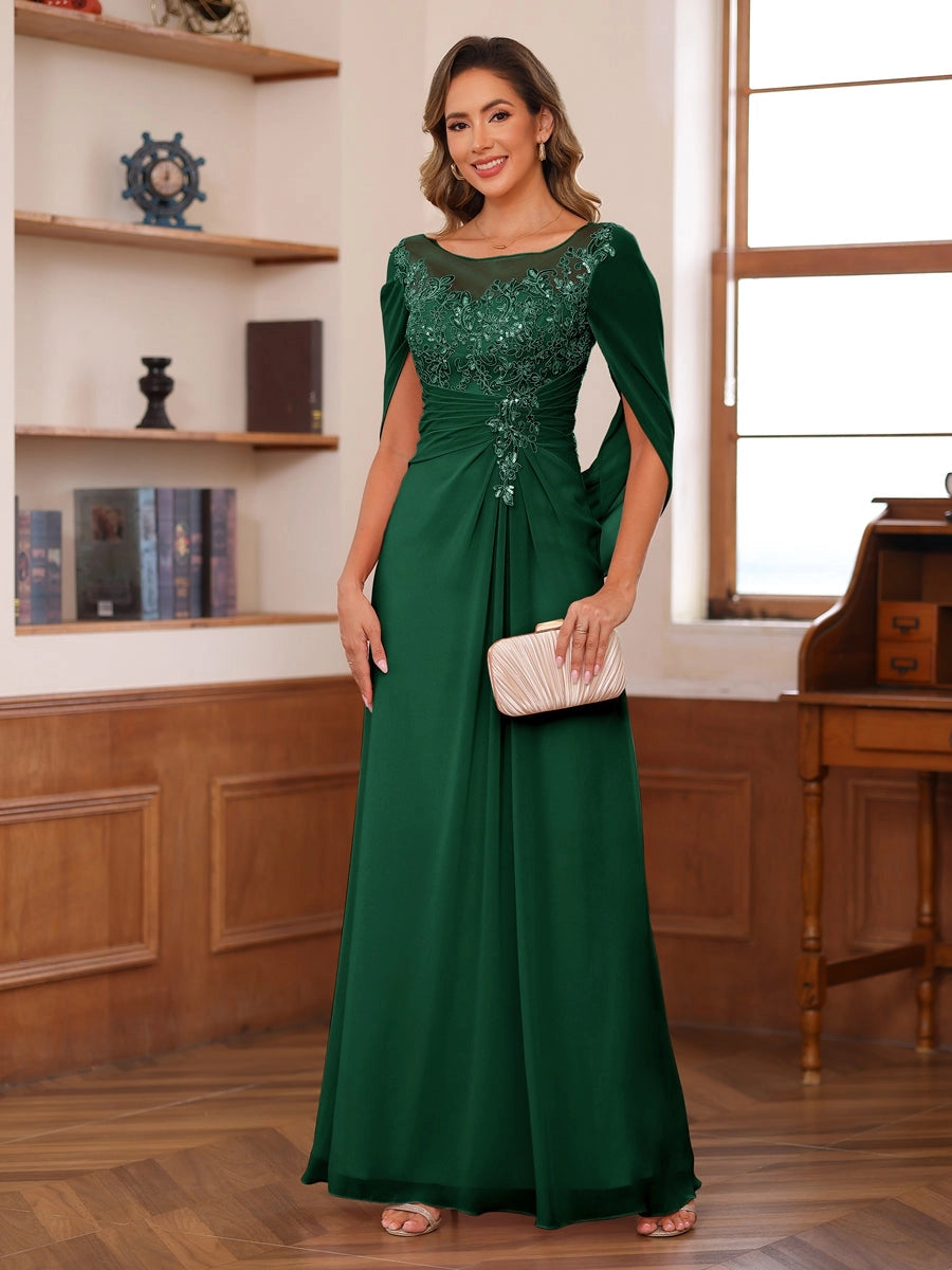 Elegant Blush A-Line Illusion-Neck Cape-Sleeve Keyhole-Back Floor-Length Mother of the Bride Dress