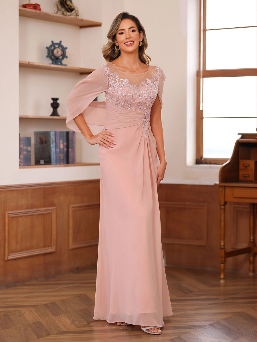 Elegant Blush A-Line Illusion-Neck Cape-Sleeve Keyhole-Back Floor-Length Mother of the Bride Dress