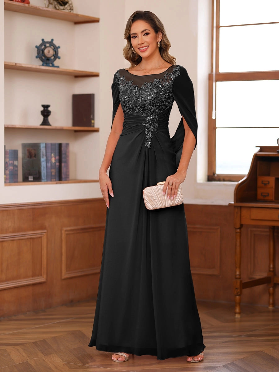 Elegant Blush A-Line Illusion-Neck Cape-Sleeve Keyhole-Back Floor-Length Mother of the Bride Dress