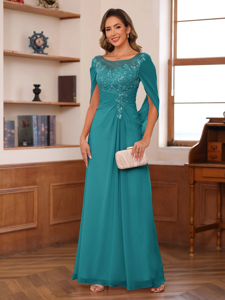Elegant Blush A-Line Illusion-Neck Cape-Sleeve Keyhole-Back Floor-Length Mother of the Bride Dress
