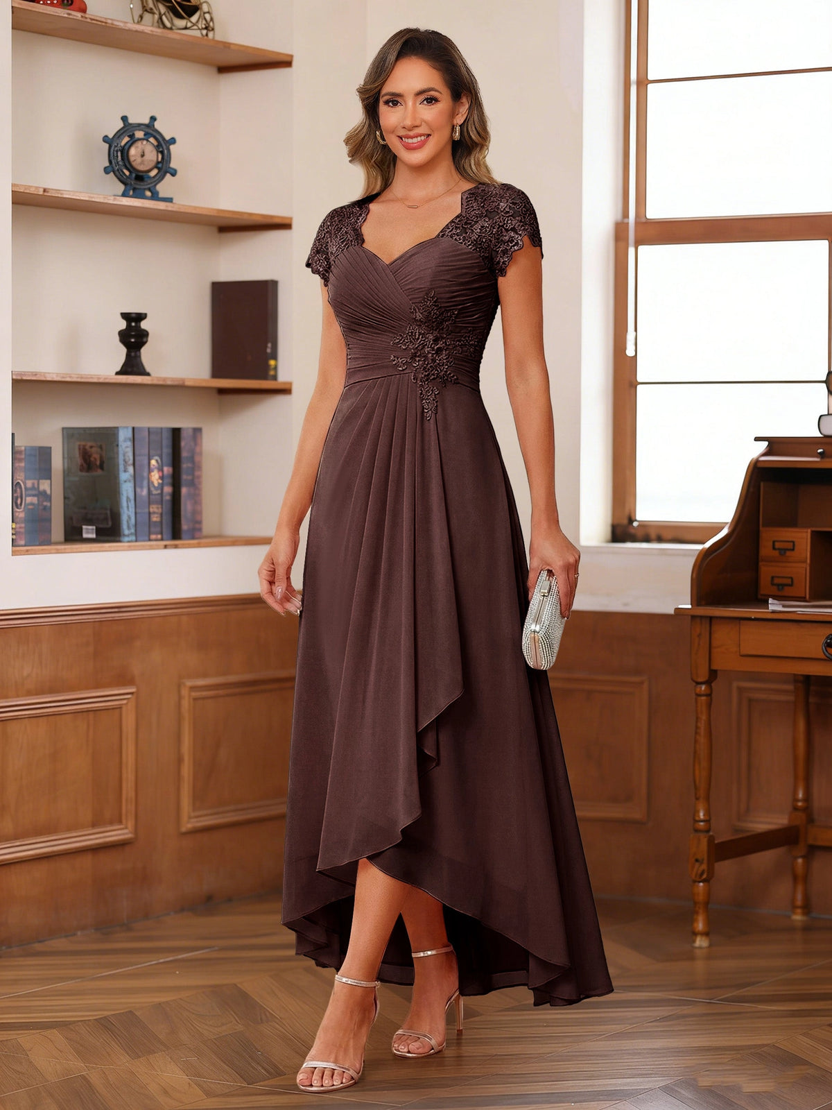 Romantic Blush A-Line V-Neck Cap-Sleeve Zip-Back High-Low Mother of the Bride Dress