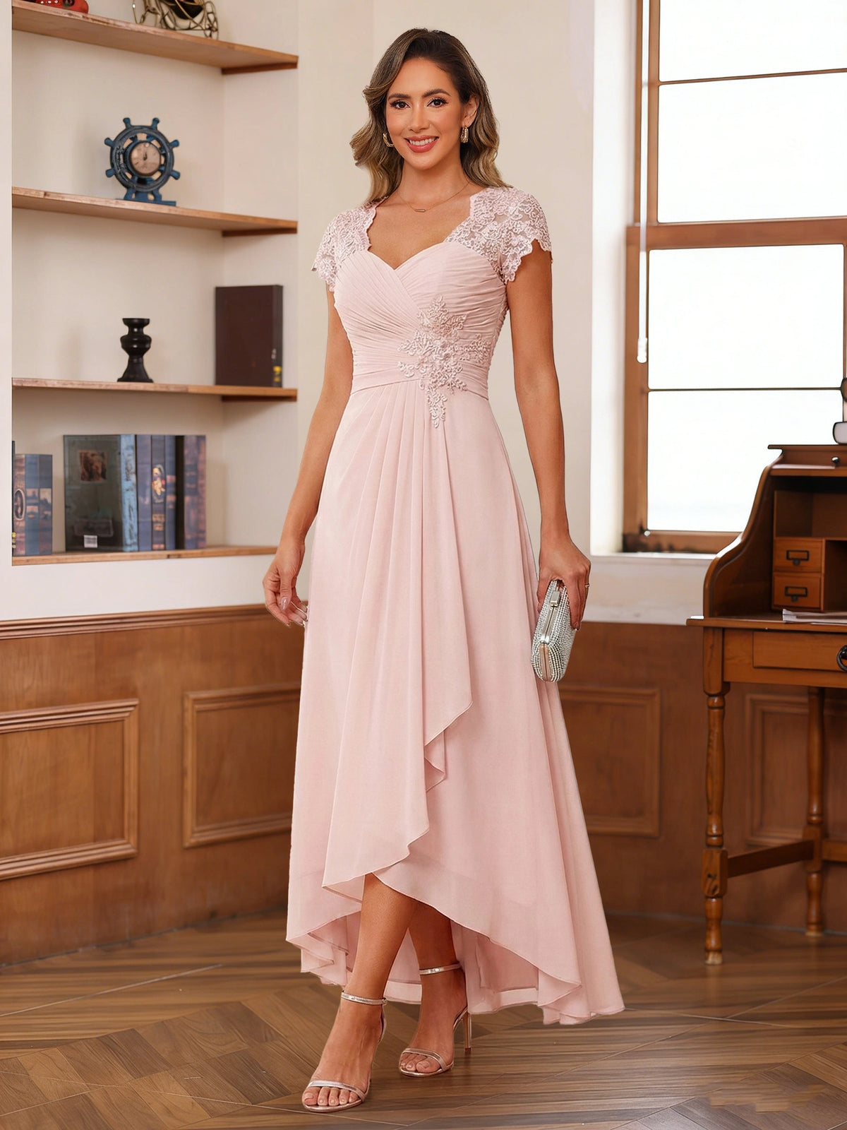 Romantic Blush A-Line V-Neck Cap-Sleeve Zip-Back High-Low Mother of the Bride Dress
