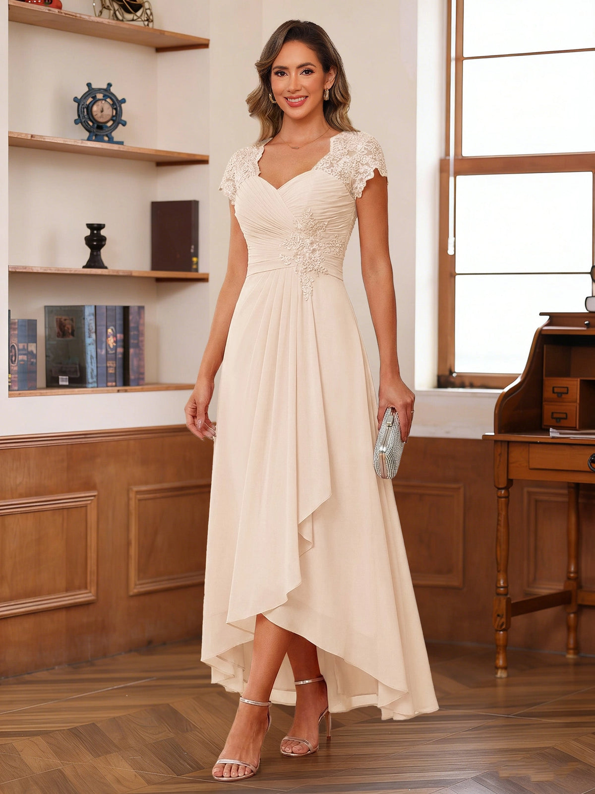 Romantic Blush A-Line V-Neck Cap-Sleeve Zip-Back High-Low Mother of the Bride Dress