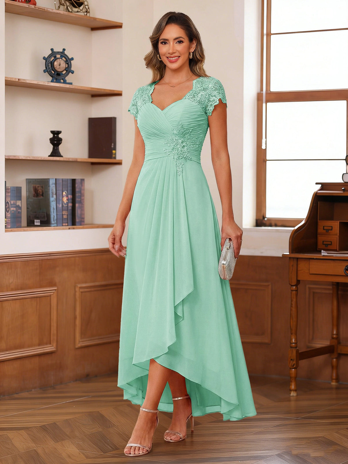 Romantic Blush A-Line V-Neck Cap-Sleeve Zip-Back High-Low Mother of the Bride Dress