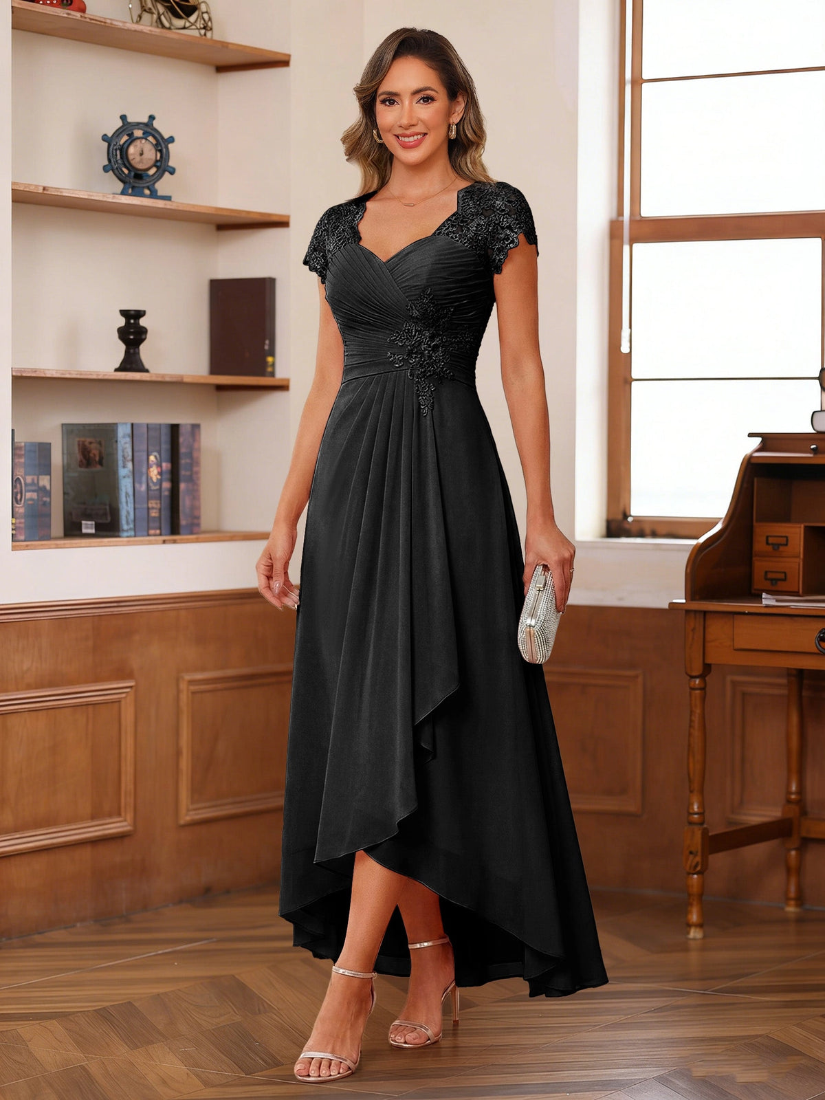Romantic Blush A-Line V-Neck Cap-Sleeve Zip-Back High-Low Mother of the Bride Dress