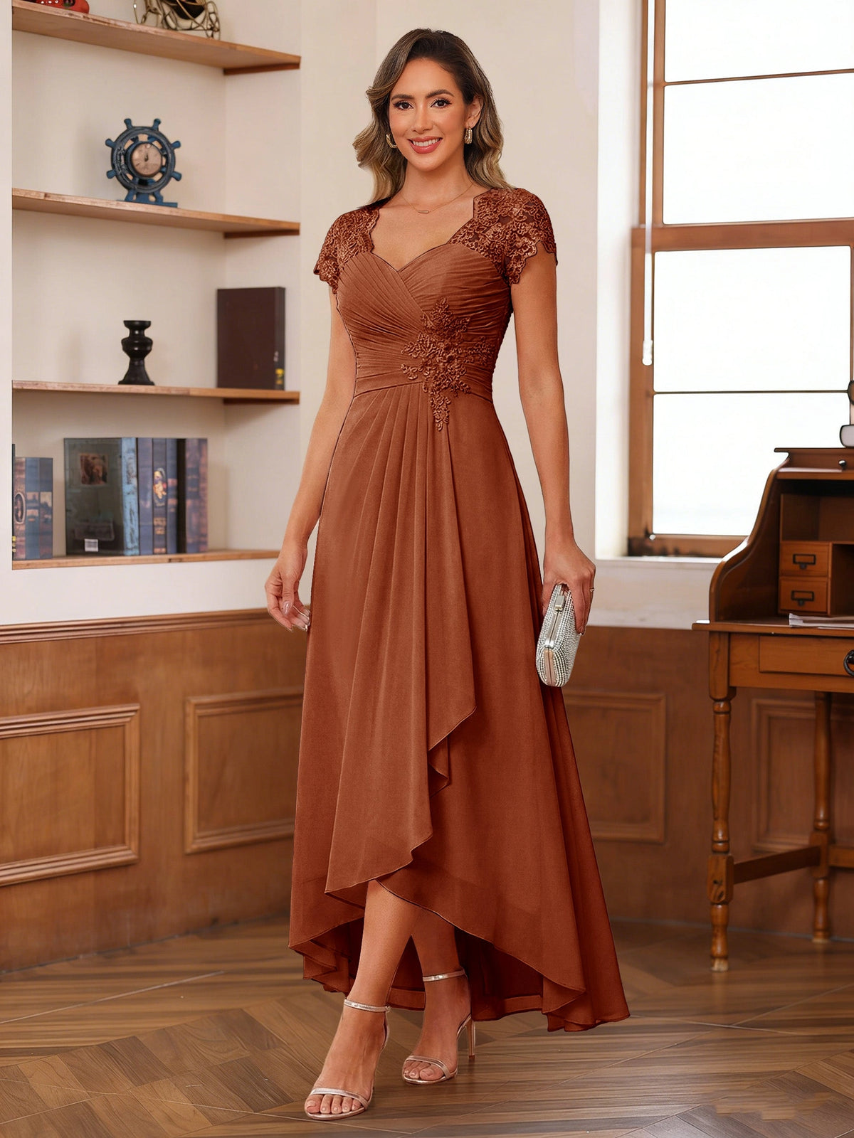 Romantic Blush A-Line V-Neck Cap-Sleeve Zip-Back High-Low Mother of the Bride Dress