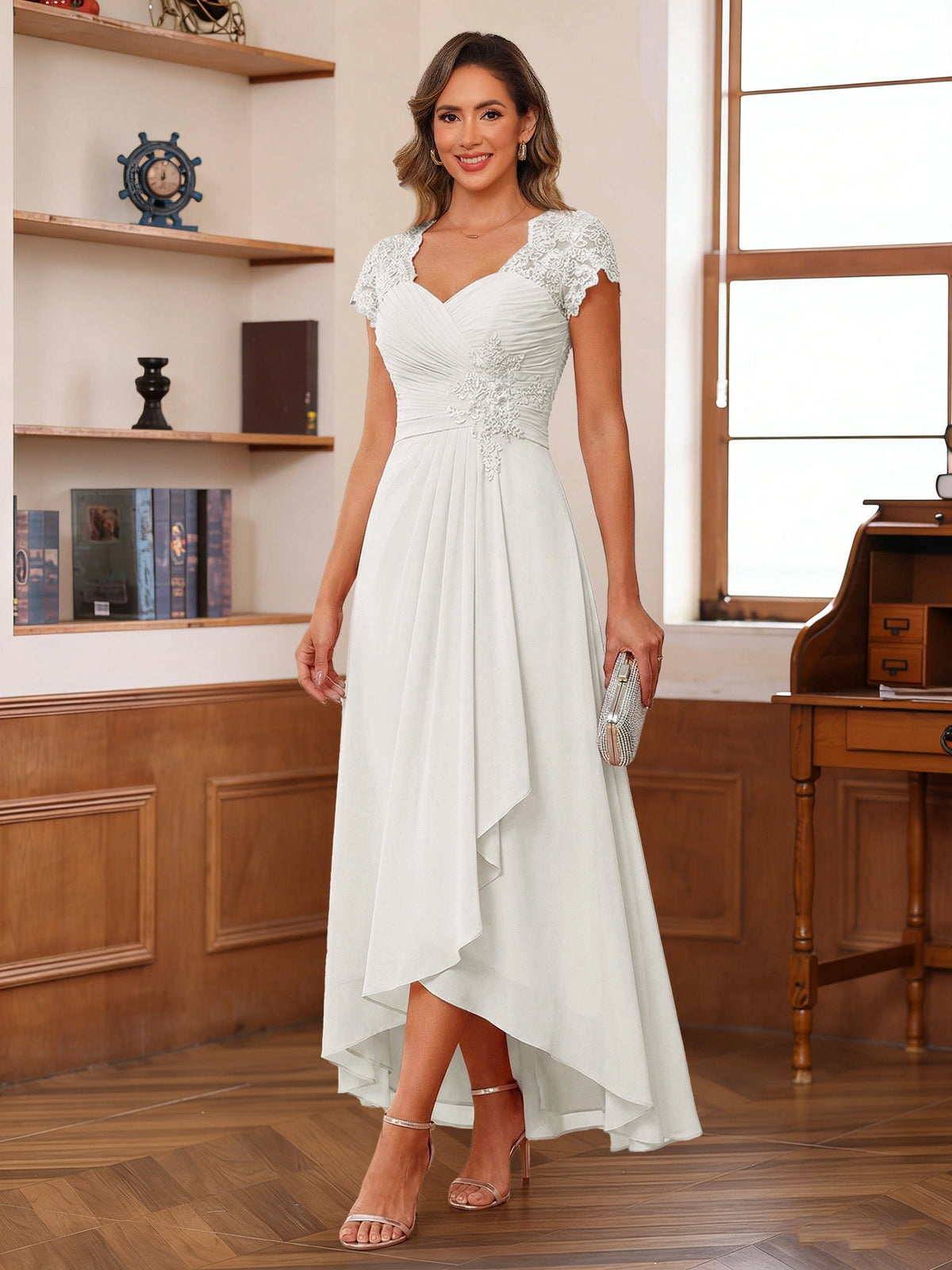 Romantic Blush A-Line V-Neck Cap-Sleeve Zip-Back High-Low Mother of the Bride Dress