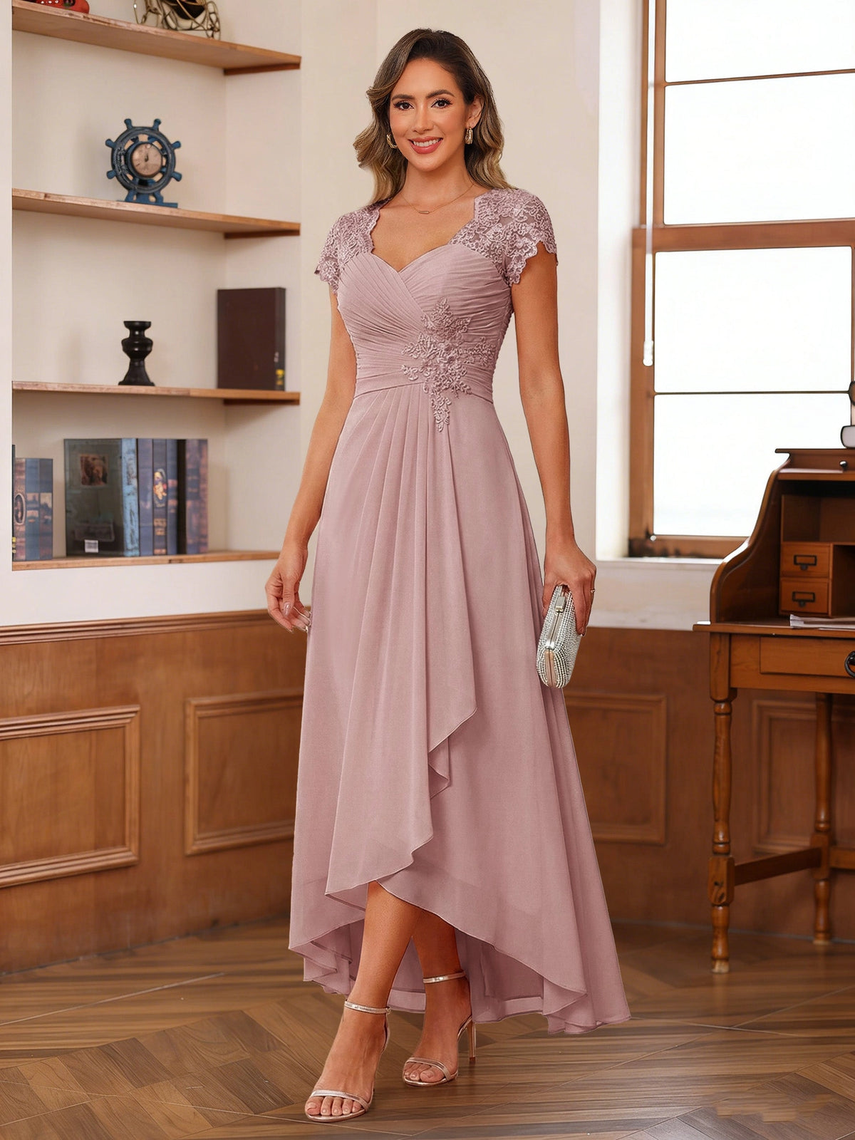 Romantic Blush A-Line V-Neck Cap-Sleeve Zip-Back High-Low Mother of the Bride Dress
