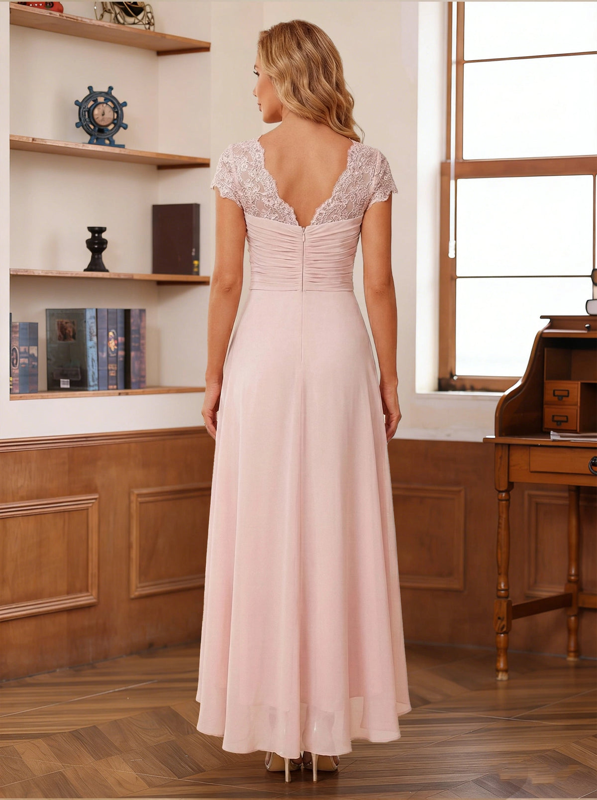 Romantic Blush A-Line V-Neck Cap-Sleeve Zip-Back High-Low Mother of the Bride Dress