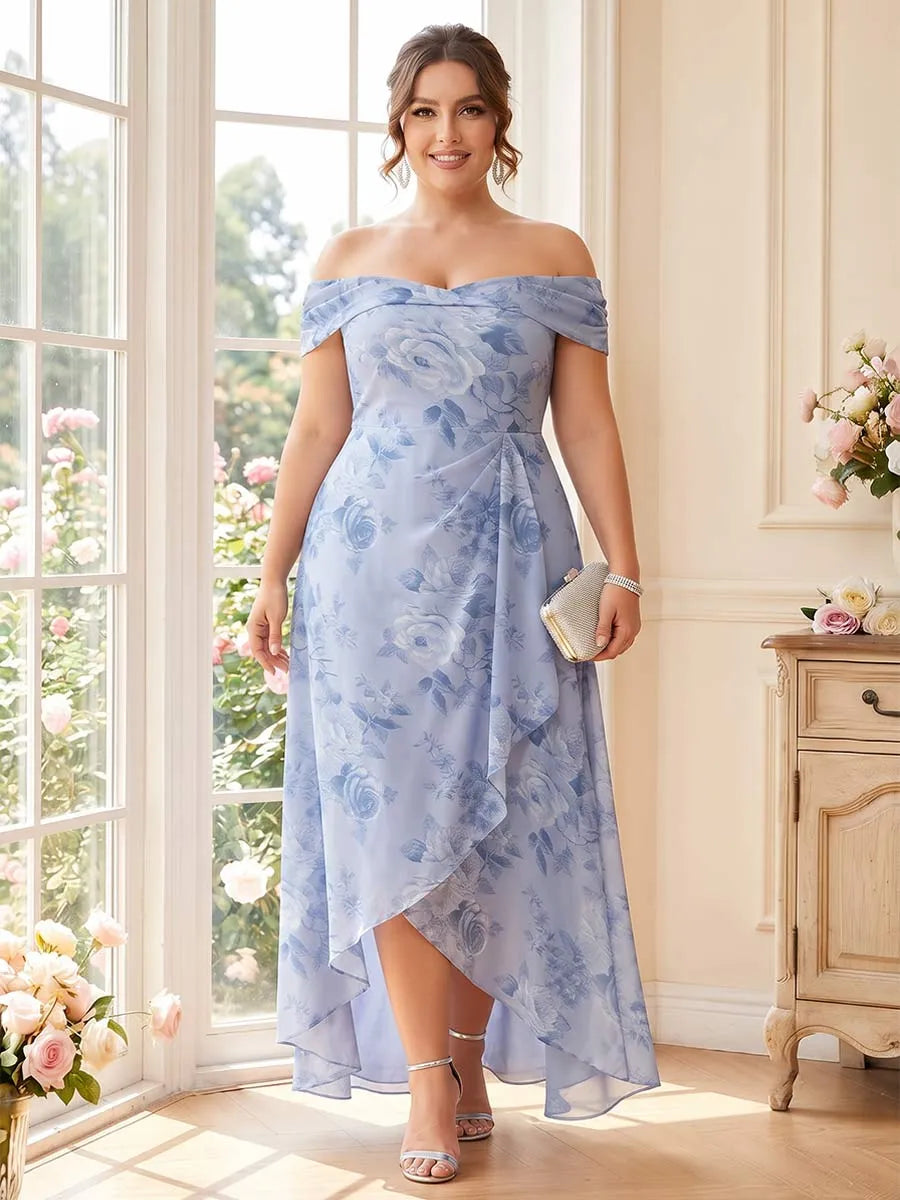 Front view of Loverlm floral off-shoulder high-low mother of the bride dress in dusty blue