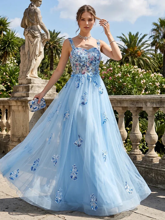 Front view of Loverlm sky blue sweetheart floor-length A-line prom dress with floral appliqué