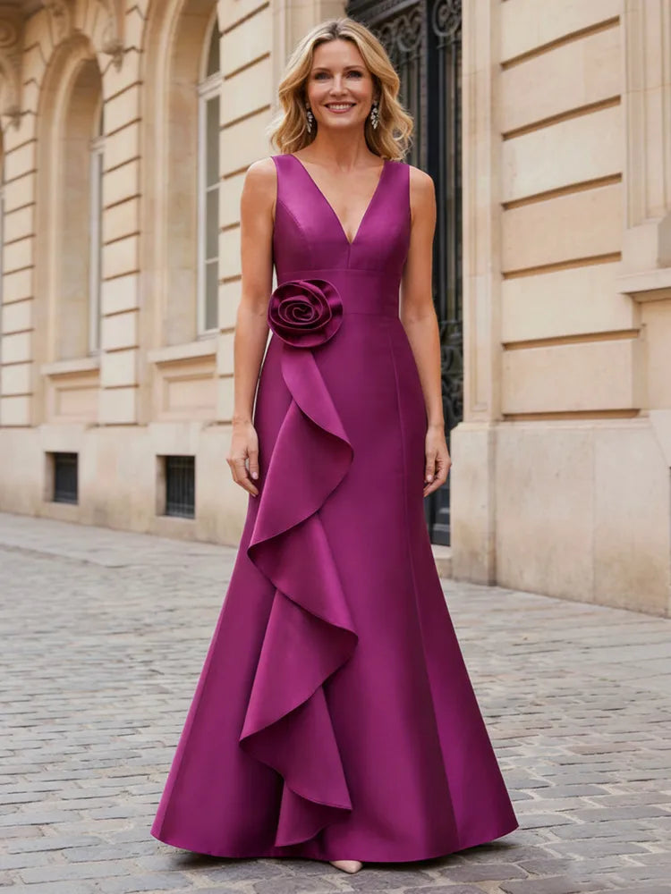 Loverlm magenta Mother of the Bride dress with V-neck sleeveless satin bodice rosette waist cascading ruffle and mermaid skirt