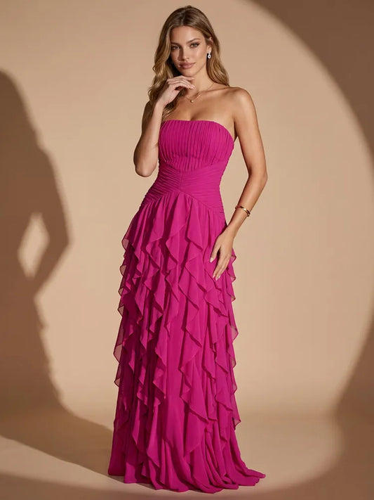 Loverlm magenta strapless chiffon ruffle floor length prom dress front view