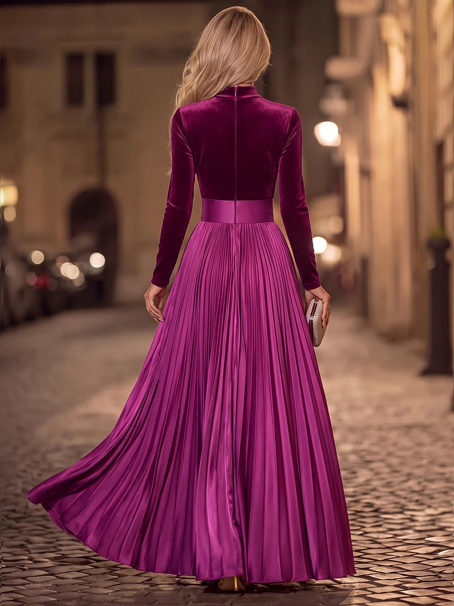 Elegant A-Line High Neck Long Sleeve Velvet Floor Length Prom Dress