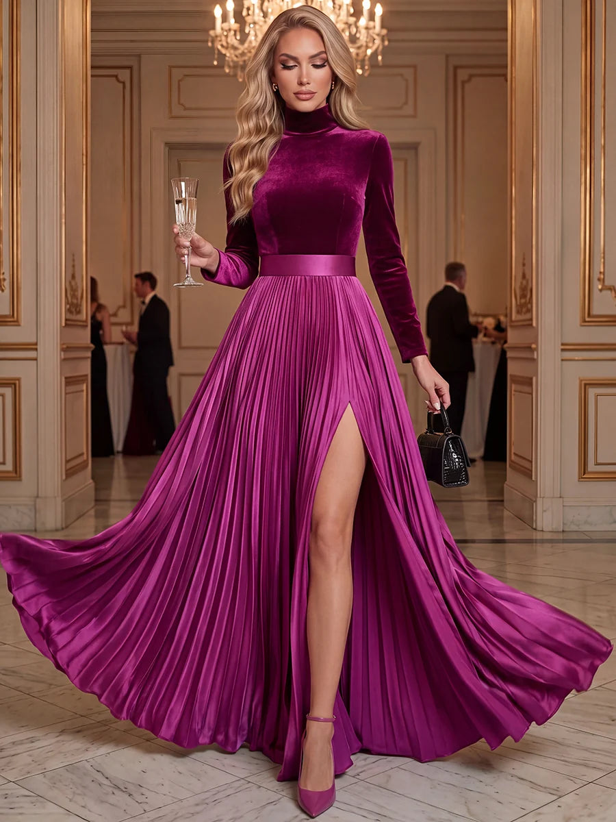 Elegant A-Line High Neck Long Sleeve Velvet Floor Length Prom Dress