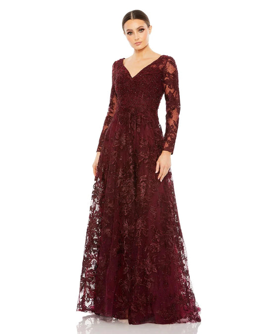 Loverlm mahogany long sleeve lace mother of the bride dress front view