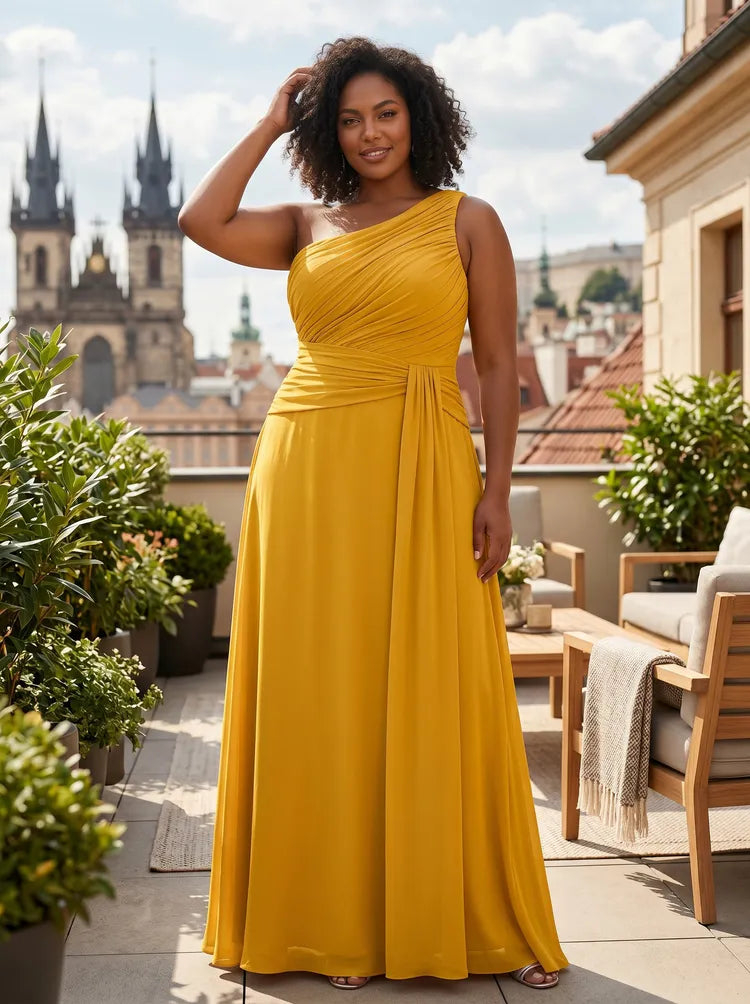 Loverlm marigold yellow plus size one shoulder chiffon bridesmaid dress with pleated bodice, ruched waist, cascading drape and floor length A-line skirt front view