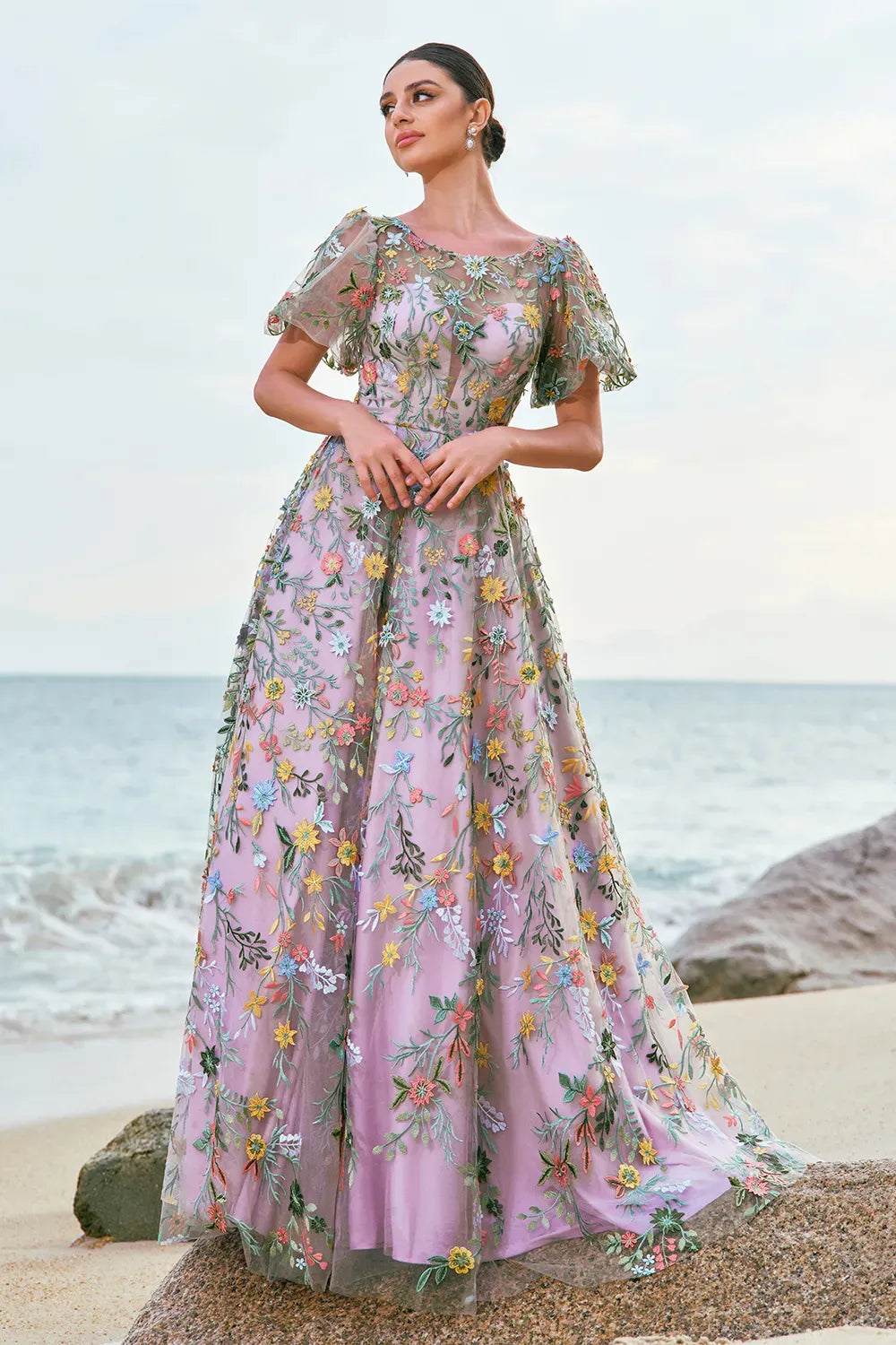 Loverlm mauve floral prom dress front view with sheer round neckline, embroidered puff sleeves and flowing floor-length A-line tulle skirt