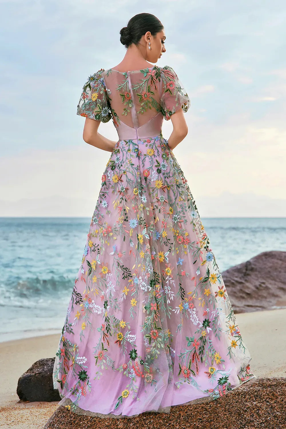 Romantic A Line Illusion Puff Sleeve Sheer Back Floor Length Prom Dress