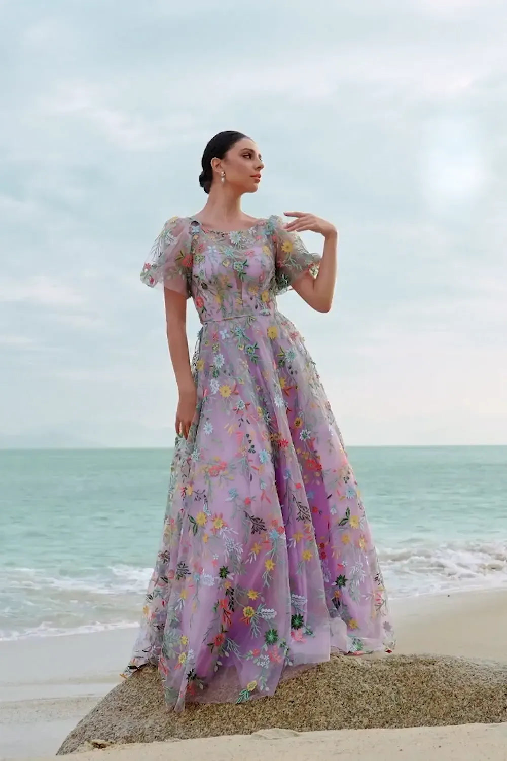 Romantic A Line Illusion Puff Sleeve Sheer Back Floor Length Prom Dress