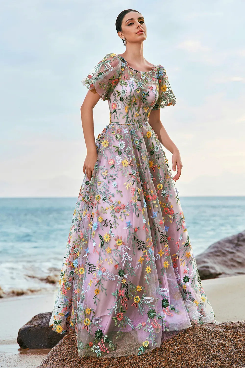 Romantic A Line Illusion Puff Sleeve Sheer Back Floor Length Prom Dress