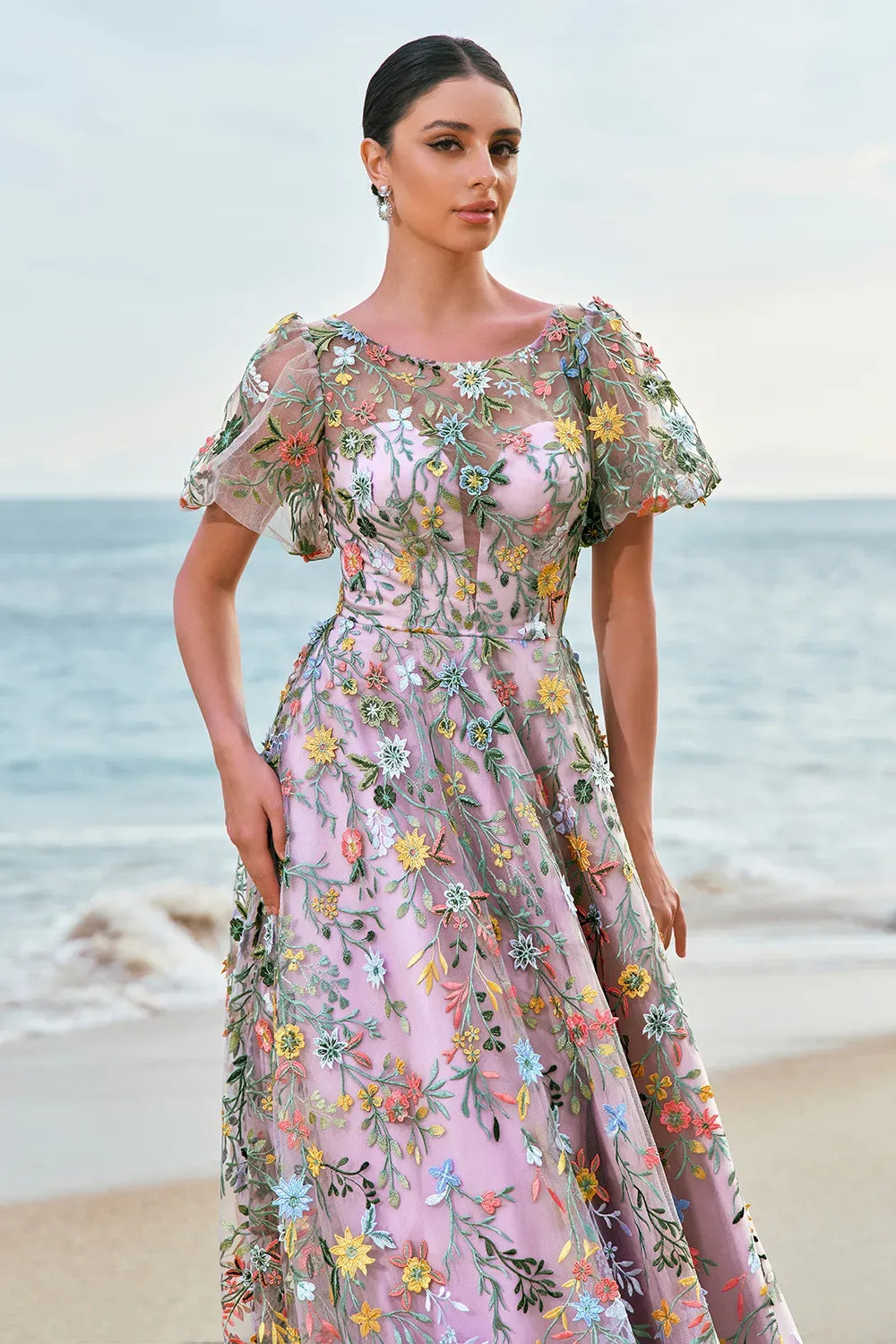 Romantic A Line Illusion Puff Sleeve Sheer Back Floor Length Prom Dress