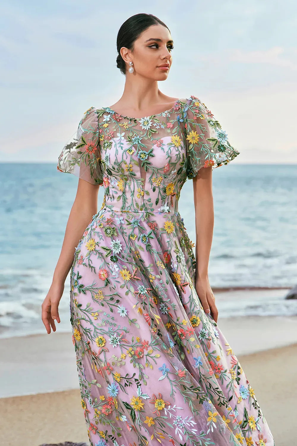 Romantic A Line Illusion Puff Sleeve Sheer Back Floor Length Prom Dress