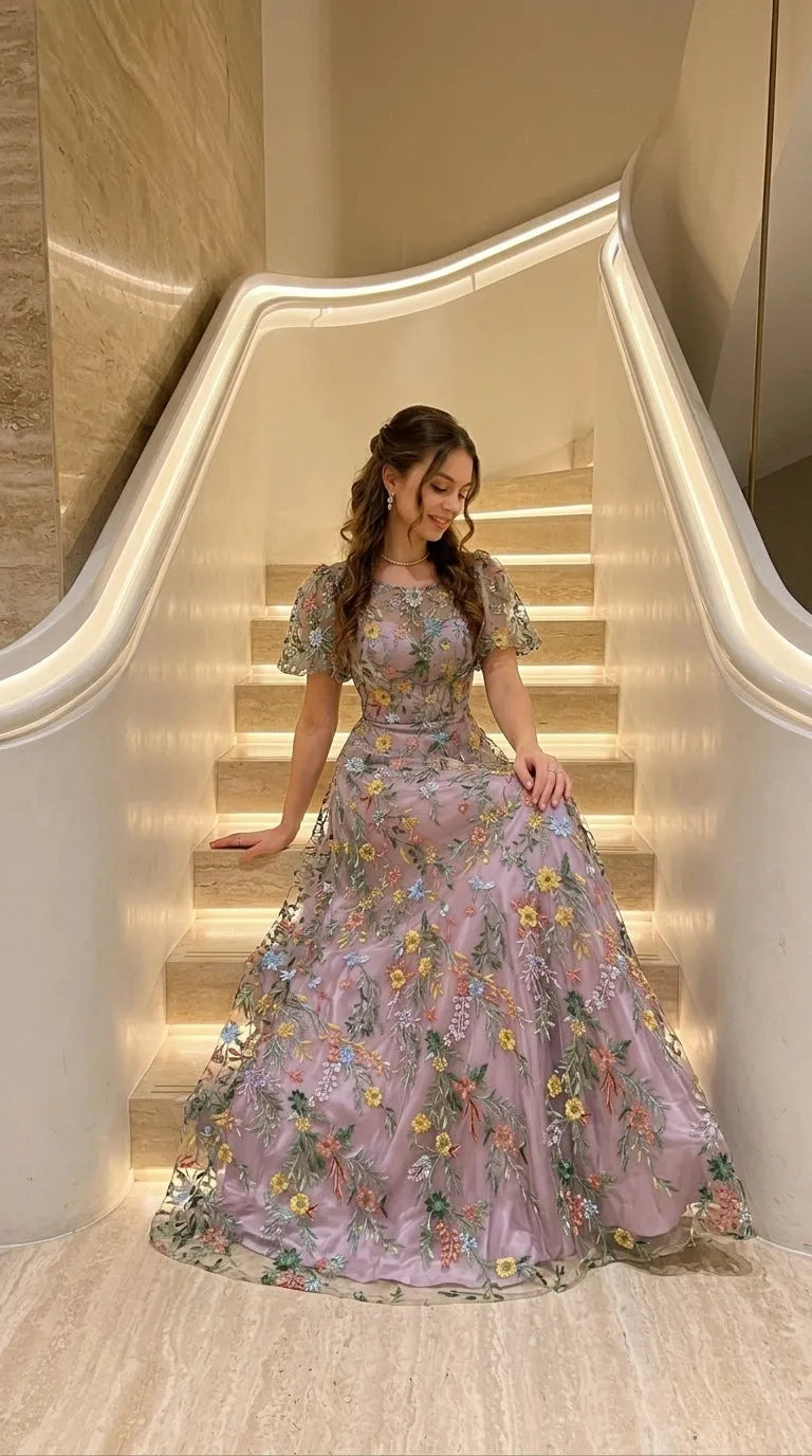 Romantic A Line Illusion Puff Sleeve Sheer Back Floor Length Prom Dress