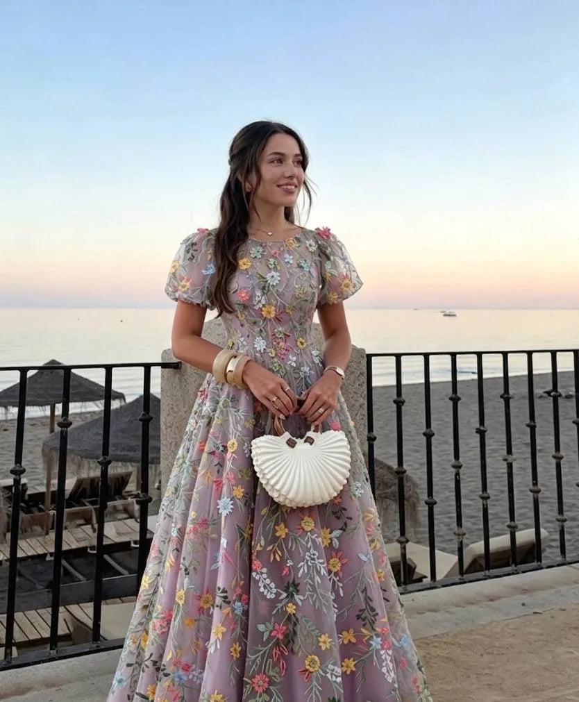 Romantic A Line Illusion Puff Sleeve Sheer Back Floor Length Prom Dress