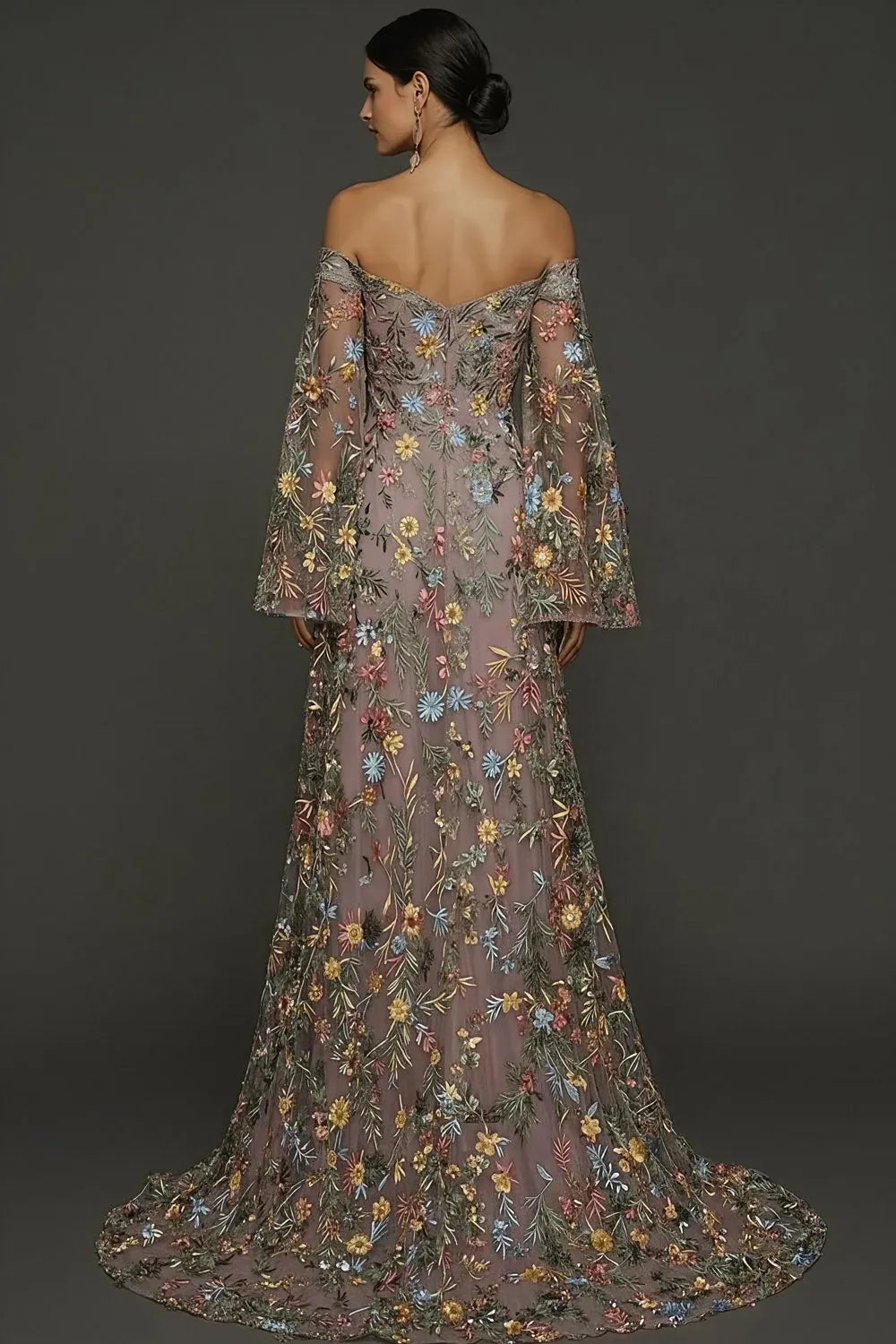 Romantic Floral Embroidered A-Line Sweetheart Off-Shoulder Bell-Sleeve V-Back Floor-Length Evening Dress