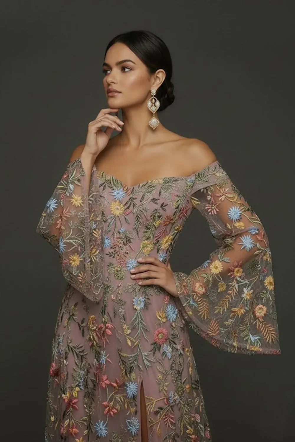 Romantic Floral Embroidered A-Line Sweetheart Off-Shoulder Bell-Sleeve V-Back Floor-Length Evening Dress