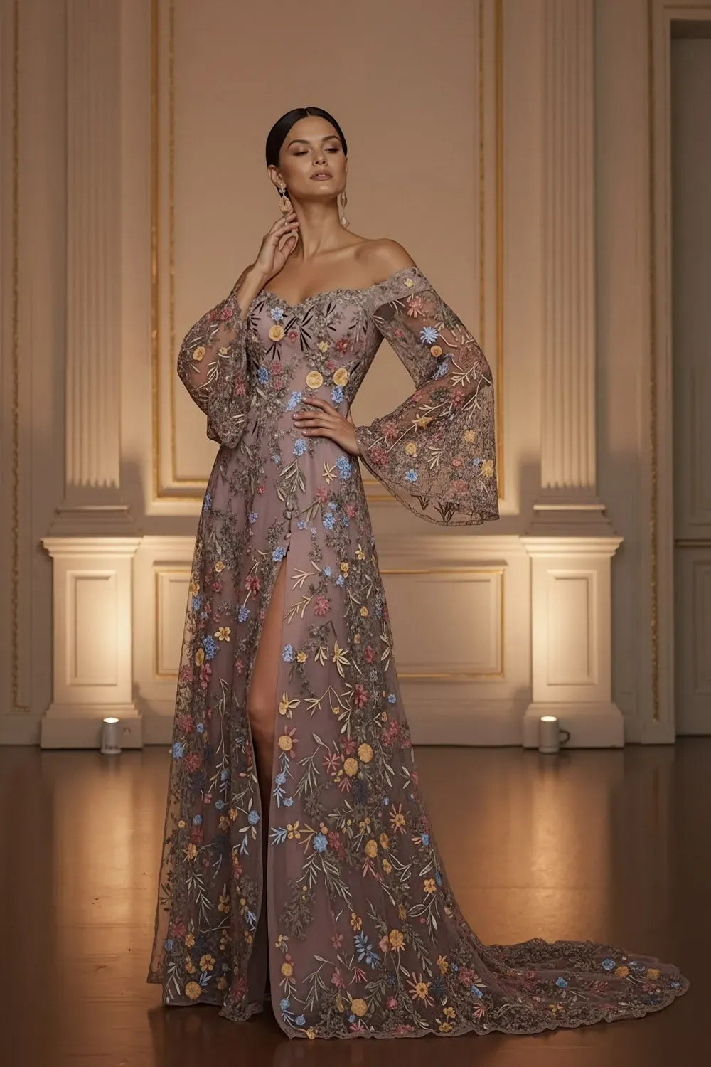 Romantic Floral Embroidered A-Line Sweetheart Off-Shoulder Bell-Sleeve V-Back Floor-Length Evening Dress