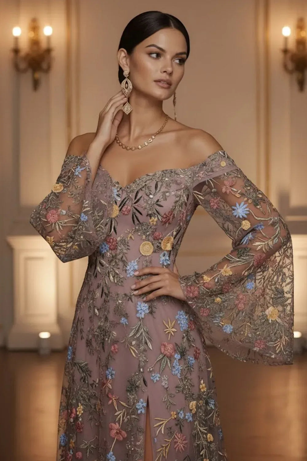 Romantic Floral Embroidered A-Line Sweetheart Off-Shoulder Bell-Sleeve V-Back Floor-Length Evening Dress