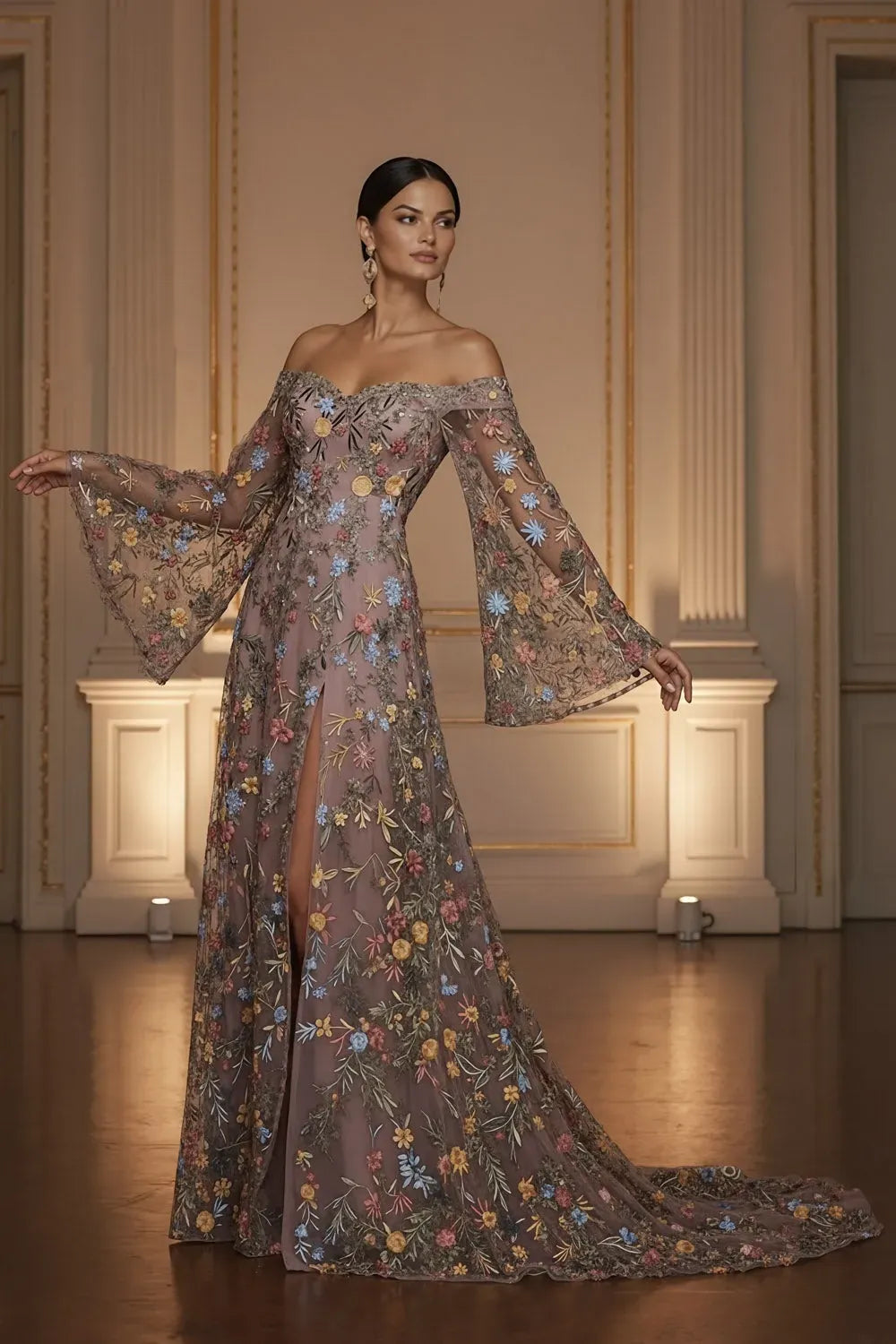 Romantic Floral Embroidered A-Line Sweetheart Off-Shoulder Bell-Sleeve V-Back Floor-Length Evening Dress