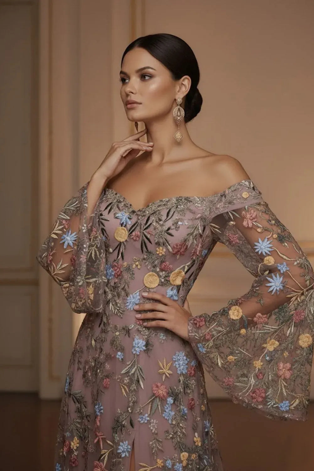 Romantic Floral Embroidered A-Line Sweetheart Off-Shoulder Bell-Sleeve V-Back Floor-Length Evening Dress