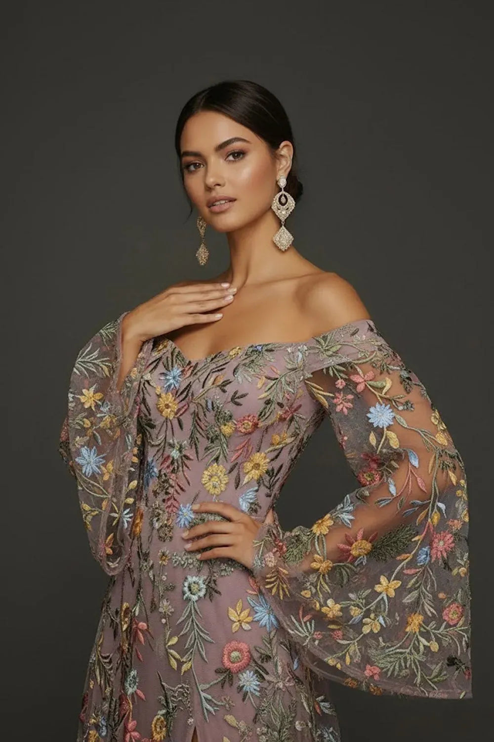 Romantic Floral Embroidered A-Line Sweetheart Off-Shoulder Bell-Sleeve V-Back Floor-Length Evening Dress