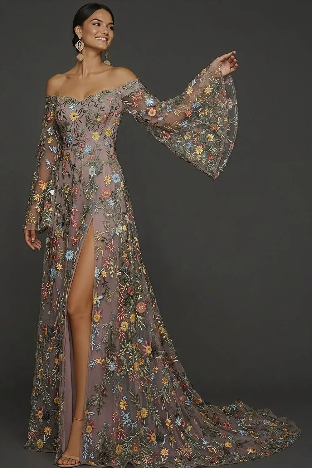 Loverlm mauve floral embroidered A-line evening dress with off-shoulder sweetheart neckline, sheer bell sleeves, front slit and train