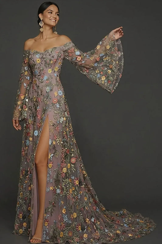 Loverlm mauve floral embroidered A-line evening dress with off-shoulder sweetheart neckline, sheer bell sleeves, front slit and train