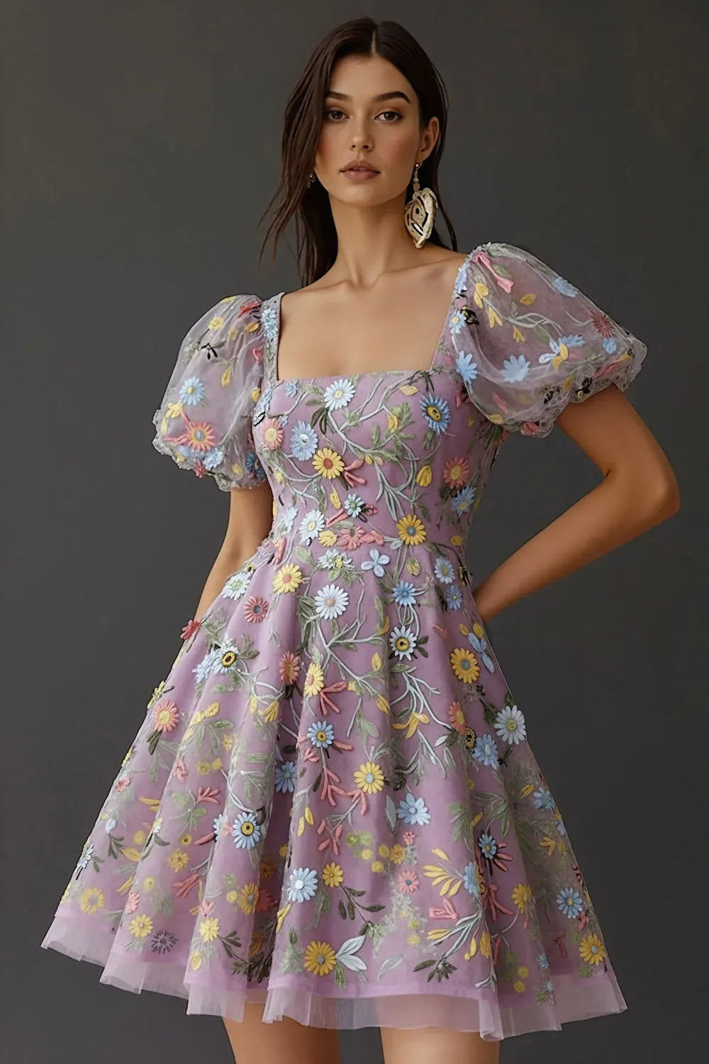Loverlm mauve floral homecoming dress front view with square neckline, sheer puff sleeves, colorful embroidery and short A-line tulle skirt