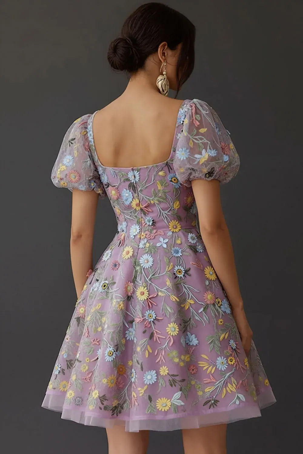 Romantic A Line Square Neck Puff Sleeve Square Back Short Homecoming Dress