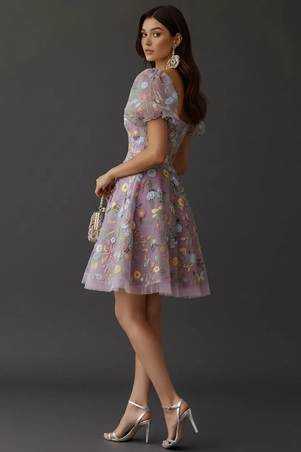 Romantic A Line Square Neck Puff Sleeve Square Back Short Homecoming Dress