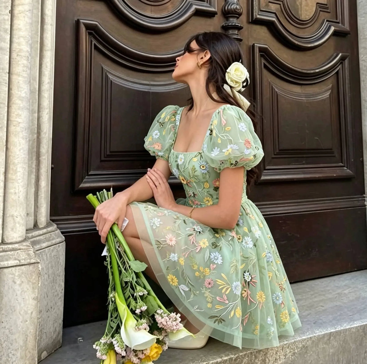 Romantic A Line Square Neck Puff Sleeve Square Back Short Homecoming Dress