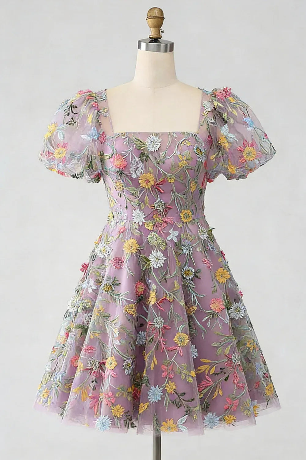 Romantic A Line Square Neck Puff Sleeve Square Back Short Homecoming Dress