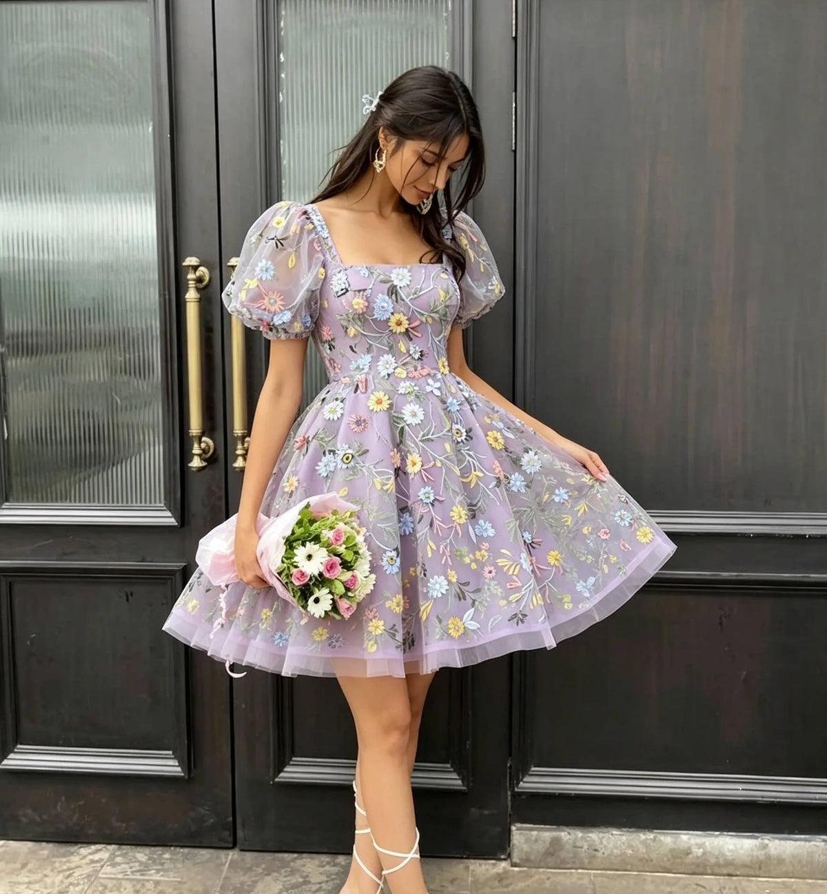 Romantic A Line Square Neck Puff Sleeve Square Back Short Homecoming Dress